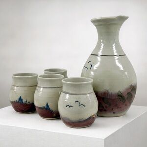 Vintage Studio Pottery Sake Set Vase 10” + 4 Cups Signed c1970–1985 Rare